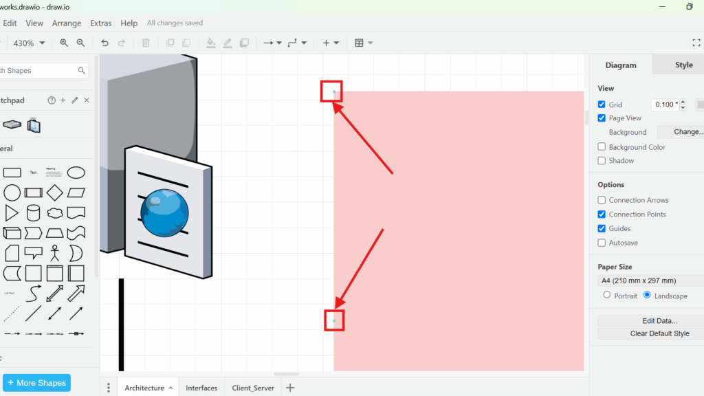 Zoomed-in draw.io screenshot highlighting two small square connection points on the left edge of a pink rectangle, marked with red boxes and arrows.