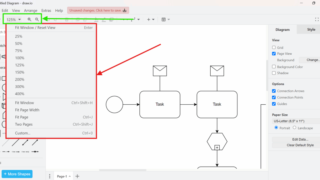 draw.io screenshot with the zoom dropdown set to 125% opened, showing zoom options next to a diagram with two “Task” boxes.
