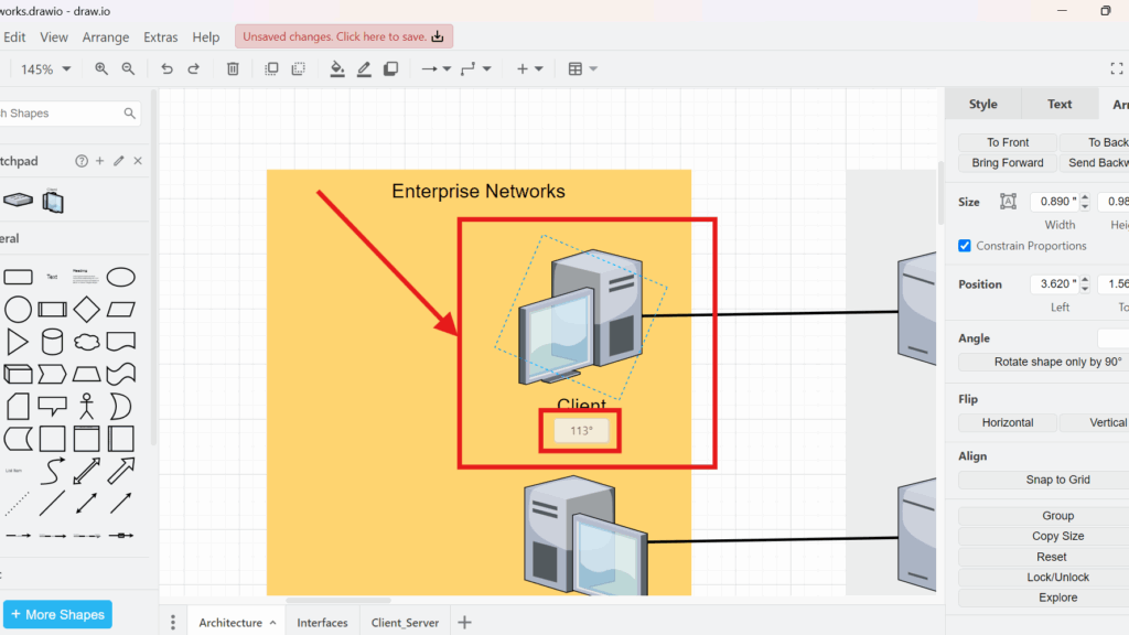 Draw.io element shown rotated with an on-canvas selection box and an angle value “113°” highlighted in red.