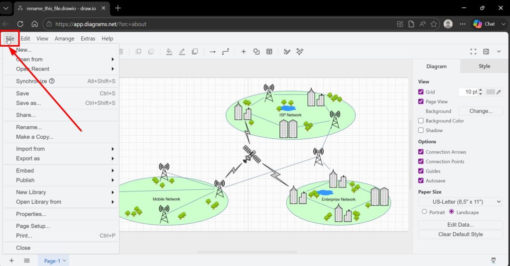 draw.io editor with the File menu highlighted at the top left.