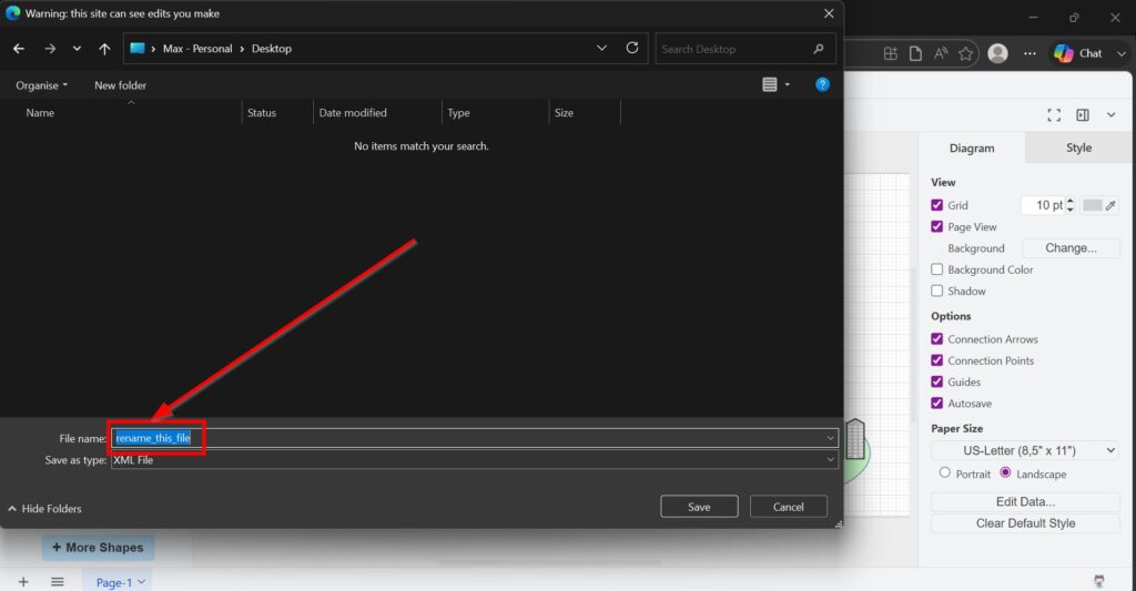 Save dialog in draw.io with the current file name selected for renaming.