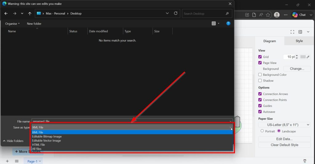 Save dialog in draw.io showing file type options for the renamed file.