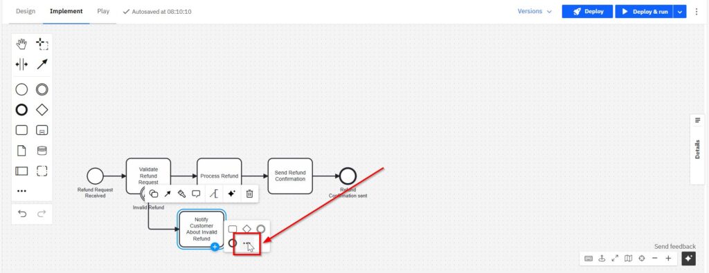 BPMN model showing an Error End Event being added after “Notify Customer About Invalid Refund.”