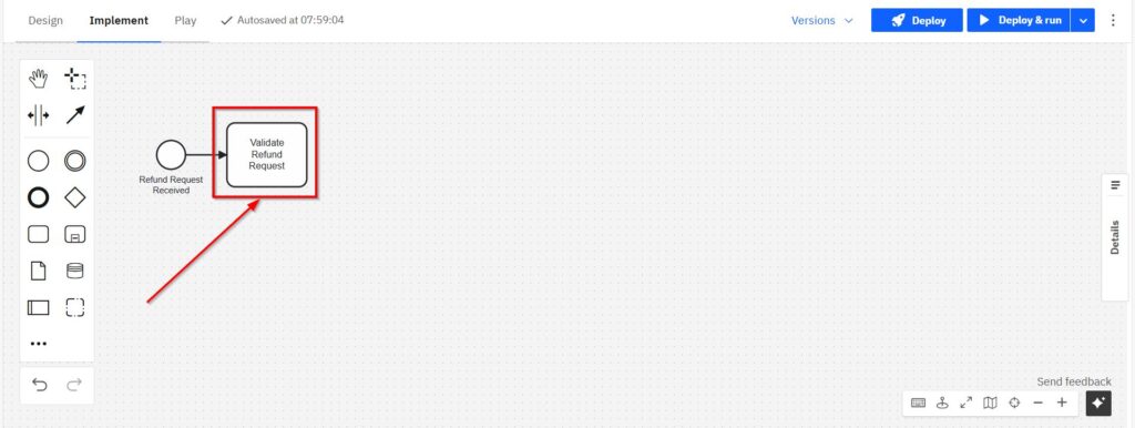 BPMN task “Validate Refund Request” highlighted after the “Refund Request Received” Start Event.