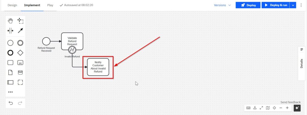 BPMN error path leading from the “Invalid Refund” Boundary Error Event to “Notify Customer About Invalid Refund.”