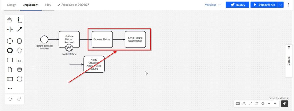 BPMN success path with “Process Refund” and “Send Refund Confirmation” following successful validation.