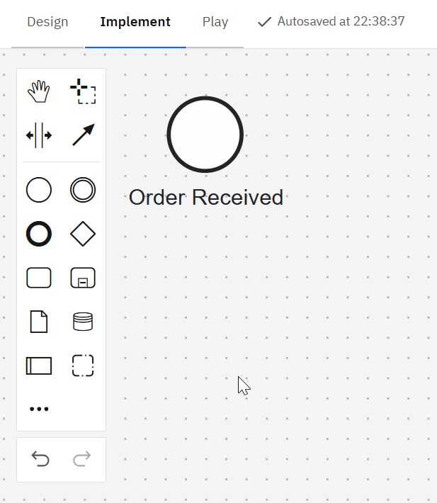 Camunda Implement tab with left BPMN palette and “Order Received” circle on canvas.