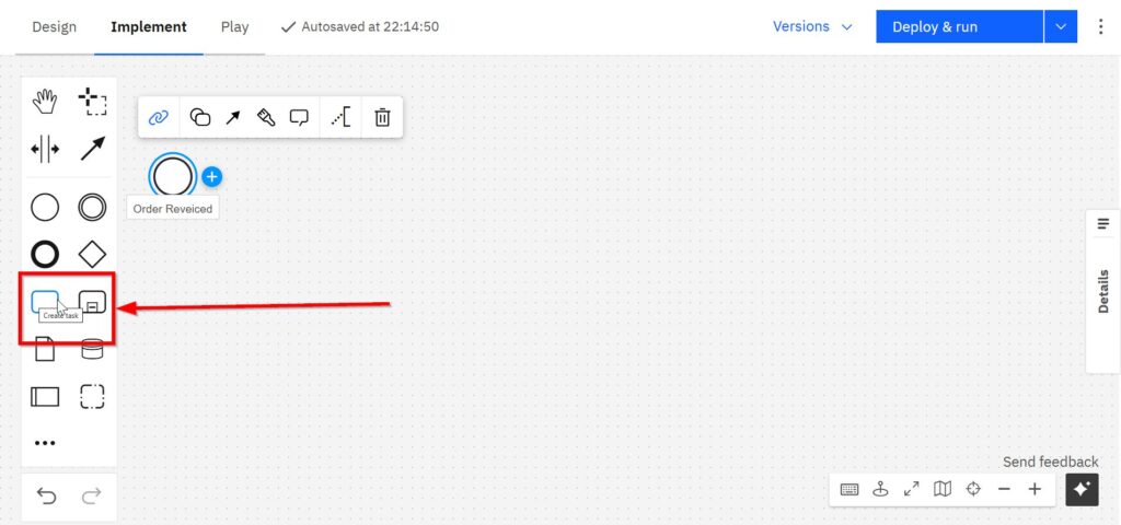 Camunda Web Modeler canvas with a red box/arrow highlighting the 'Create task' icon in the left palette.