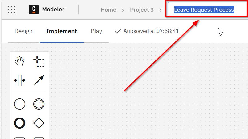 Cropped Modeler header with the diagram name “Leave Request Process” highlighted in blue.